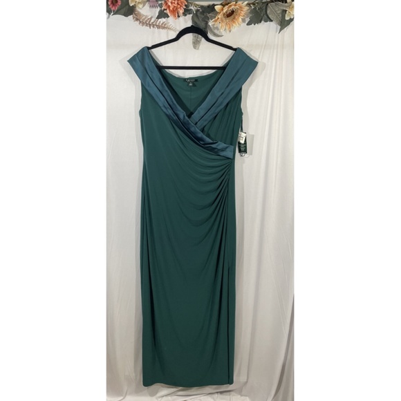 NWT Lauren‎ Ralph Lauren [ 16 ] Leonetta Satin V-Neck Jersey Gown in Green - Picture 9 of 15